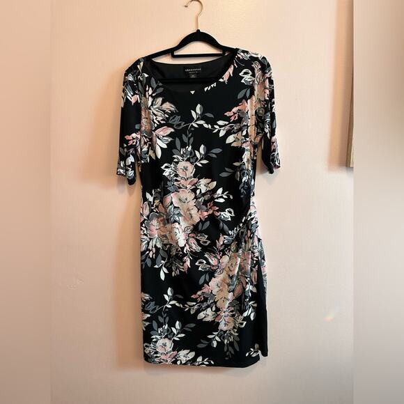 Connected Apparel Black Floral Short Sleeve Cocktail Dress 10P - Picture 1 of 6